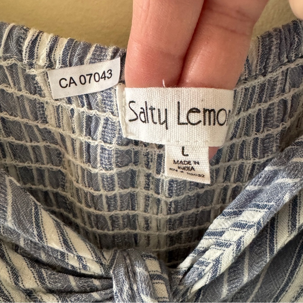 Salty Lemon Blue White Striped Maxi Dress Tie Front Beach Boho Size L - Picture 8 of 16